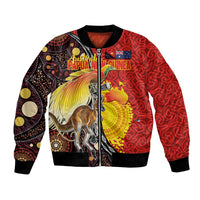 Australia and Papua New Guinea Together Bomber Jacket Bird-of-paradise and Kangaroo with Oro Tapa and Aboriginal Art Motifs LT03 Unisex Black - Polynesian Pride