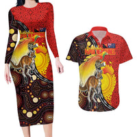 Australia and Papua New Guinea Together Couples Matching Long Sleeve Bodycon Dress and Hawaiian Shirt Bird-of-paradise and Kangaroo with Oro Tapa and Aboriginal Art Motifs LT03 Black - Polynesian Pride