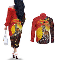 Australia and Papua New Guinea Together Couples Matching Off The Shoulder Long Sleeve Dress and Long Sleeve Button Shirt Bird-of-paradise and Kangaroo with Oro Tapa and Aboriginal Art Motifs LT03 - Polynesian Pride