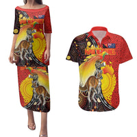 Australia and Papua New Guinea Together Couples Matching Puletasi and Hawaiian Shirt Bird-of-paradise and Kangaroo with Oro Tapa and Aboriginal Art Motifs LT03 Black - Polynesian Pride