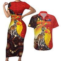 Australia and Papua New Guinea Together Couples Matching Short Sleeve Bodycon Dress and Hawaiian Shirt Bird-of-paradise and Kangaroo with Oro Tapa and Aboriginal Art Motifs LT03 Black - Polynesian Pride