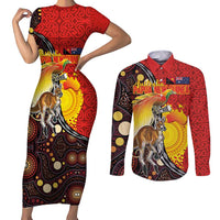 Australia and Papua New Guinea Together Couples Matching Short Sleeve Bodycon Dress and Long Sleeve Button Shirt Bird-of-paradise and Kangaroo with Oro Tapa and Aboriginal Art Motifs LT03 Black - Polynesian Pride