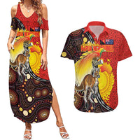 Australia and Papua New Guinea Together Couples Matching Summer Maxi Dress and Hawaiian Shirt Bird-of-paradise and Kangaroo with Oro Tapa and Aboriginal Art Motifs LT03 Black - Polynesian Pride