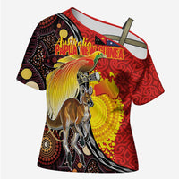 Australia and Papua New Guinea Together Cross Shoulder Shirt Bird-of-paradise and Kangaroo with Oro Tapa and Aboriginal Art Motifs LT03 Female Black - Polynesian Pride