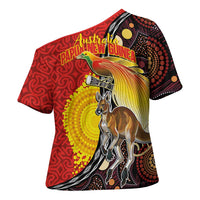 Australia and Papua New Guinea Together Cross Shoulder Shirt Bird-of-paradise and Kangaroo with Oro Tapa and Aboriginal Art Motifs LT03 - Polynesian Pride