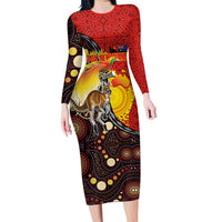 Australia and Papua New Guinea Together Family Matching Long Sleeve Bodycon Dress and Hawaiian Shirt Bird-of-paradise and Kangaroo with Oro Tapa and Aboriginal Art Motifs LT03 Mom's Dress Black - Polynesian Pride