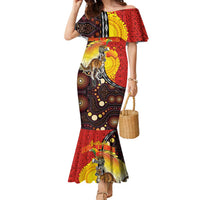 Australia and Papua New Guinea Together Family Matching Mermaid Dress and Hawaiian Shirt Bird-of-paradise and Kangaroo with Oro Tapa and Aboriginal Art Motifs LT03 Mom's Dress Black - Polynesian Pride