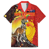 Australia and Papua New Guinea Together Family Matching Off The Shoulder Long Sleeve Dress and Hawaiian Shirt Bird-of-paradise and Kangaroo with Oro Tapa and Aboriginal Art Motifs LT03 Dad's Shirt - Short Sleeve Black - Polynesian Pride