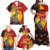 Australia and Papua New Guinea Together Family Matching Off Shoulder Maxi Dress and Hawaiian Shirt Bird-of-paradise and Kangaroo with Oro Tapa and Aboriginal Art Motifs LT03 - Polynesian Pride