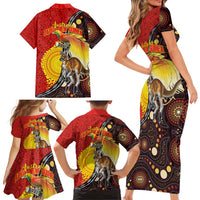 Australia and Papua New Guinea Together Family Matching Short Sleeve Bodycon Dress and Hawaiian Shirt Bird-of-paradise and Kangaroo with Oro Tapa and Aboriginal Art Motifs LT03 - Polynesian Pride