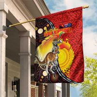 Australia and Papua New Guinea Together Garden Flag Bird-of-paradise and Kangaroo with Oro Tapa and Aboriginal Art Motifs LT03 House Flag Black - Polynesian Pride