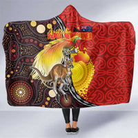 Australia and Papua New Guinea Together Hooded Blanket Bird-of-paradise and Kangaroo with Oro Tapa and Aboriginal Art Motifs LT03 One Size Black - Polynesian Pride