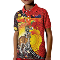 Australia and Papua New Guinea Together Kid Polo Shirt Bird-of-paradise and Kangaroo with Oro Tapa and Aboriginal Art Motifs LT03 Kid Black - Polynesian Pride