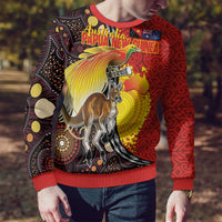 Australia and Papua New Guinea Together Ugly Christmas Sweater Bird-of-paradise and Kangaroo with Oro Tapa and Aboriginal Art Motifs LT03 - Polynesian Pride