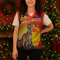 Australia and Papua New Guinea Together Christmas Knitted V-Neck Vest Bird-of-paradise and Kangaroo with Oro Tapa and Aboriginal Art Motifs LT03 - Polynesian Pride