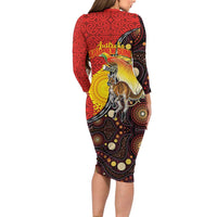 Australia and Papua New Guinea Together Long Sleeve Bodycon Dress Bird-of-paradise and Kangaroo with Oro Tapa and Aboriginal Art Motifs LT03 - Polynesian Pride