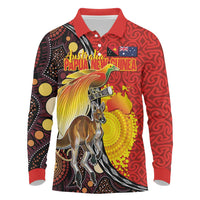 Australia and Papua New Guinea Together Long Sleeve Polo Shirt Bird-of-paradise and Kangaroo with Oro Tapa and Aboriginal Art Motifs LT03 Black - Polynesian Pride