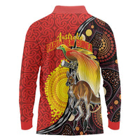 Australia and Papua New Guinea Together Long Sleeve Polo Shirt Bird-of-paradise and Kangaroo with Oro Tapa and Aboriginal Art Motifs LT03 - Polynesian Pride