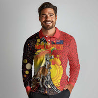 Australia and Papua New Guinea Together Long Sleeve Polo Shirt Bird-of-paradise and Kangaroo with Oro Tapa and Aboriginal Art Motifs LT03 - Polynesian Pride