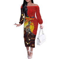 Australia and Papua New Guinea Together Off The Shoulder Long Sleeve Dress Bird-of-paradise and Kangaroo with Oro Tapa and Aboriginal Art Motifs LT03 Women Black - Polynesian Pride