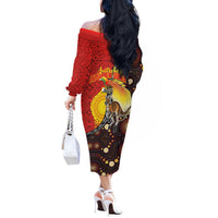 Australia and Papua New Guinea Together Off The Shoulder Long Sleeve Dress Bird-of-paradise and Kangaroo with Oro Tapa and Aboriginal Art Motifs LT03 - Polynesian Pride