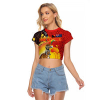 Australia and Papua New Guinea Together Raglan Cropped T Shirt Bird-of-paradise and Kangaroo with Oro Tapa and Aboriginal Art Motifs LT03 Female Black - Polynesian Pride