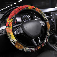Australia and Papua New Guinea Together Steering Wheel Cover Bird-of-paradise and Kangaroo with Oro Tapa and Aboriginal Art Motifs LT03 Universal Fit Black - Polynesian Pride