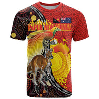 Australia and Papua New Guinea Together T Shirt Bird-of-paradise and Kangaroo with Oro Tapa and Aboriginal Art Motifs LT03 Black - Polynesian Pride