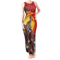 Australia and Papua New Guinea Together Tank Maxi Dress Bird-of-paradise and Kangaroo with Oro Tapa and Aboriginal Art Motifs LT03 Women Black - Polynesian Pride