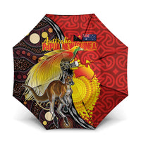 Australia and Papua New Guinea Together Umbrella Bird-of-paradise and Kangaroo with Oro Tapa and Aboriginal Art Motifs LT03 One Size Folded 11.42 inch Opened Diameter 37.4 inch Black - Polynesian Pride