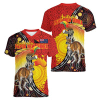 Australia and Papua New Guinea Together Women V-Neck T-Shirt Bird-of-paradise and Kangaroo with Oro Tapa and Aboriginal Art Motifs LT03 - Polynesian Pride
