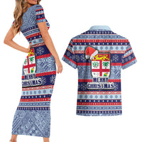 Fiji Christmas Couples Matching Short Sleeve Bodycon Dress and Hawaiian Shirt Fijian Santa and Coat of Arms Mix Tapa Pattern Striped Style LT03 - Polynesian Pride