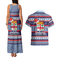 Fiji Christmas Couples Matching Tank Maxi Dress and Hawaiian Shirt Fijian Santa and Coat of Arms Mix Tapa Pattern Striped Style LT03 - Polynesian Pride