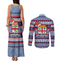 Fiji Christmas Couples Matching Tank Maxi Dress and Long Sleeve Button Shirts Fijian Santa and Coat of Arms Mix Tapa Pattern Striped Style LT03 - Polynesian Pride