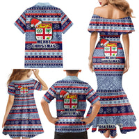 Fiji Christmas Family Matching Mermaid Dress and Hawaiian Shirt Fijian Santa and Coat of Arms Mix Tapa Pattern Striped Style LT03 - Polynesian Pride