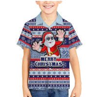 Fiji Christmas Family Matching Mermaid Dress and Hawaiian Shirt Fijian Santa and Coat of Arms Mix Tapa Pattern Striped Style LT03 Son's Shirt Blue - Polynesian Pride