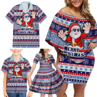 Fiji Christmas Family Matching Off Shoulder Short Dress and Hawaiian Shirt Fijian Santa and Coat of Arms Mix Tapa Pattern Striped Style LT03 - Polynesian Pride