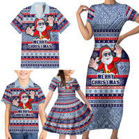 Fiji Christmas Family Matching Short Sleeve Bodycon Dress and Hawaiian Shirt Fijian Santa and Coat of Arms Mix Tapa Pattern Striped Style LT03 - Polynesian Pride