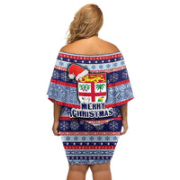 Fiji Christmas Off Shoulder Short Dress Fijian Santa and Coat of Arms Mix Tapa Pattern Striped Style LT03 - Polynesian Pride