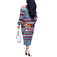 Fiji Christmas Off The Shoulder Long Sleeve Dress Fijian Santa and Coat of Arms Mix Tapa Pattern Striped Style LT03 - Polynesian Pride