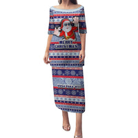 Fiji Christmas Puletasi Fijian Santa and Coat of Arms Mix Tapa Pattern Striped Style LT03 Long Dress Blue - Polynesian Pride