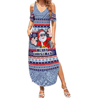 Fiji Christmas Summer Maxi Dress Fijian Santa and Coat of Arms Mix Tapa Pattern Striped Style LT03 Women Blue - Polynesian Pride