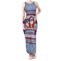Fiji Christmas Tank Maxi Dress Fijian Santa and Coat of Arms Mix Tapa Pattern Striped Style LT03 Women Blue - Polynesian Pride