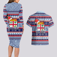Custom Fiji Christmas Couples Matching Long Sleeve Bodycon Dress and Hawaiian Shirt Fijian Santa and Coat of Arms Mix Tapa Pattern Striped Style LT03 - Polynesian Pride