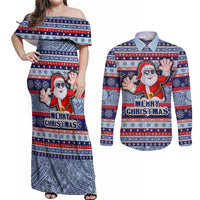 Custom Fiji Christmas Couples Matching Off Shoulder Maxi Dress and Long Sleeve Button Shirts Fijian Santa and Coat of Arms Mix Tapa Pattern Striped Style LT03 Blue - Polynesian Pride