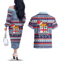 Custom Fiji Christmas Couples Matching Off The Shoulder Long Sleeve Dress and Hawaiian Shirt Fijian Santa and Coat of Arms Mix Tapa Pattern Striped Style LT03 - Polynesian Pride