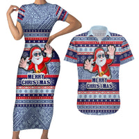 Custom Fiji Christmas Couples Matching Short Sleeve Bodycon Dress and Hawaiian Shirt Fijian Santa and Coat of Arms Mix Tapa Pattern Striped Style LT03 Blue - Polynesian Pride