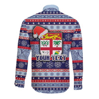 Custom Fiji Christmas Long Sleeve Button Shirt Fijian Santa and Coat of Arms Mix Tapa Pattern Striped Style LT03 - Polynesian Pride