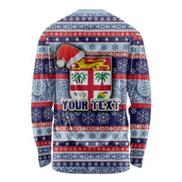 Custom Fiji Christmas Long Sleeve Shirt Fijian Santa and Coat of Arms Mix Tapa Pattern Striped Style LT03 - Polynesian Pride