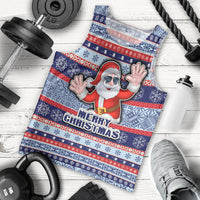Custom Fiji Christmas Men Tank Top Fijian Santa and Coat of Arms Mix Tapa Pattern Striped Style LT03 Blue - Polynesian Pride